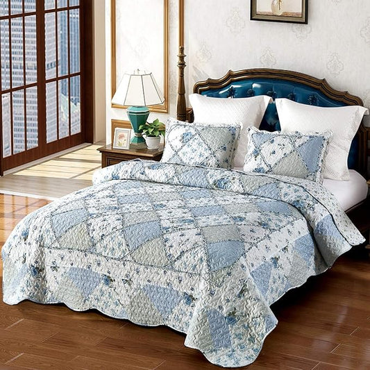 VIVILINEN Blue Floral Patchwork Quilt Set King Size Reversible Quilted Bedding Set with 2 Pillowcases
