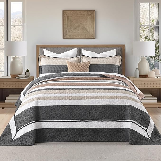 SahSahCasa 128"x120" 100% Cotton Oversized California King Bedspread Striped Quilt Set, Cal King Quilted Bedspread Extra Large Coverlet, XL Bed Spread Lightweight Comforter, Charcoal/Brown/Beige