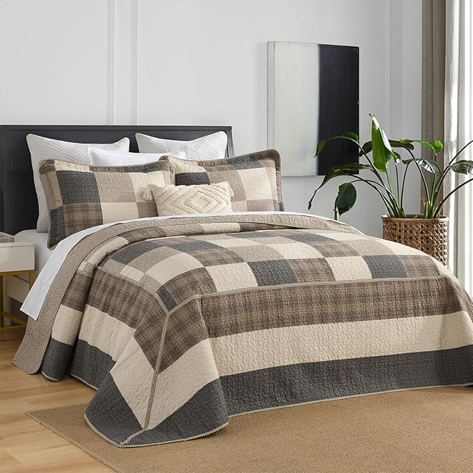 Oversized King Bedspread Quilt 120" x 120", 100% Cotton Lightweight Quilted Bed Spreads Coverlet Set Farmhouse Bedding Cover, 3 Piece, Charcoal/Beige/Browm