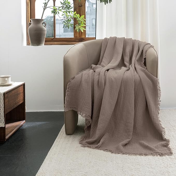 FOSSA Muslin Blanket with Fringe - 4-Layer 100% Cotton Gauze Super Soft & Breathable Throw -Lightweight Decorative Cooling Blanket for Bed, Sofa, Office (Pale Brown, King (104" × 90"))