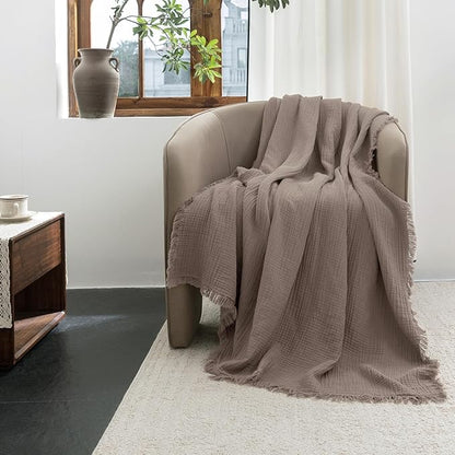 FOSSA Muslin Blanket with Fringe - 4-Layer 100% Cotton Gauze Super Soft & Breathable Throw -Lightweight Decorative Cooling Blanket for Bed, Sofa, Office (Pale Brown, Super King (108" × 98"))
