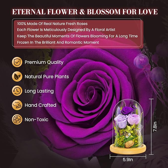 Forever Flowers Preserved Roses Prime Delivery For Women, Glass Dome Light Up Preserved Flowers , Christmas Anniversary Thanksgiving Gifts For Wife Girlfriend Women Best Friend Grandma(Purple)