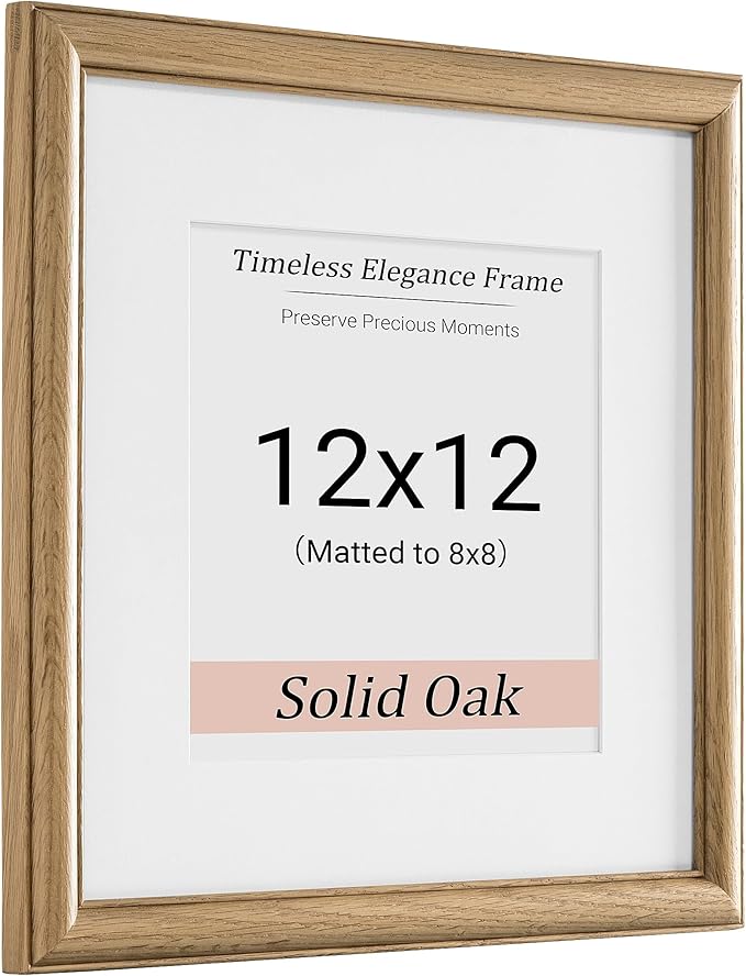 Heimlove 12x12 Picture Frame,12 x 12 Solid White Oak Square Photo Frame with Tempered Glass,12"x12" Handcrafted Wood Frame Matted to 8x8 Photos for Wall Hanging Photo Frame Art Photo and Prints,1 Pack