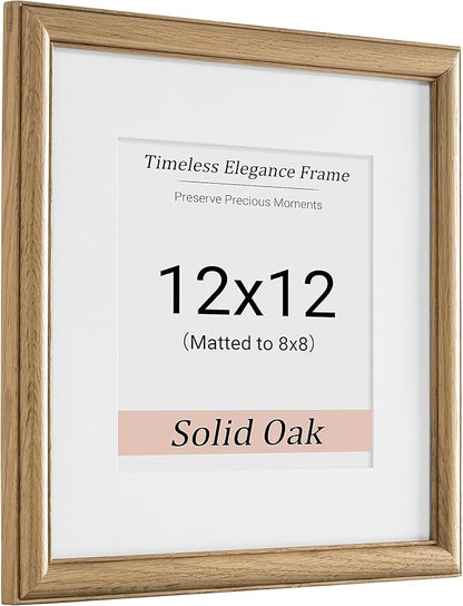Heimlove 12x12 Picture Frame,12 x 12 Solid White Oak Square Photo Frame with Tempered Glass,12"x12" Handcrafted Wood Frame Matted to 8x8 Photos for Wall Hanging Photo Frame Art Photo and Prints,1 Pack