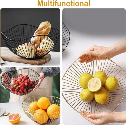2-Pack Kitchen Countertop Fruit Baskets – Sturdy Metal Wire Rack, Multi-Purpose Tabletop Storage Tray for Fruits, Vegetables, Bread, and Household Items (Gold)