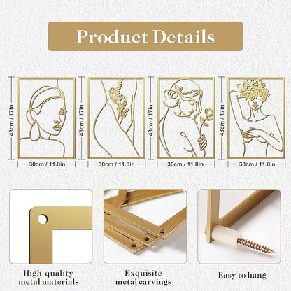 Eilopaa 4 Pack Gold Wall Art Décor for living room, Metal Minimalist Abstract Wall Décor bathroom, Single Line Woman's Body Shape Modern Wall Art, Size 17 X 11.8 inches