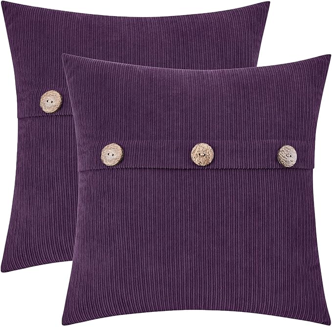 HWY 50 Purple Chenille Throw Pillow Covers 16x16 Inch with Triple Buttons, Soft Farmhouse Accent Decorative Cushion Cases for Couch Sofa Bed Bedroom Pack of 2