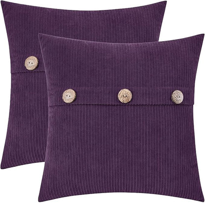 HWY 50 Purple Chenille Throw Pillow Covers 18x18 Inch with Triple Buttons, Soft Farmhouse Accent Decorative Cushion Cases for Couch Sofa Bed Living Room Bedroom Pack of 2