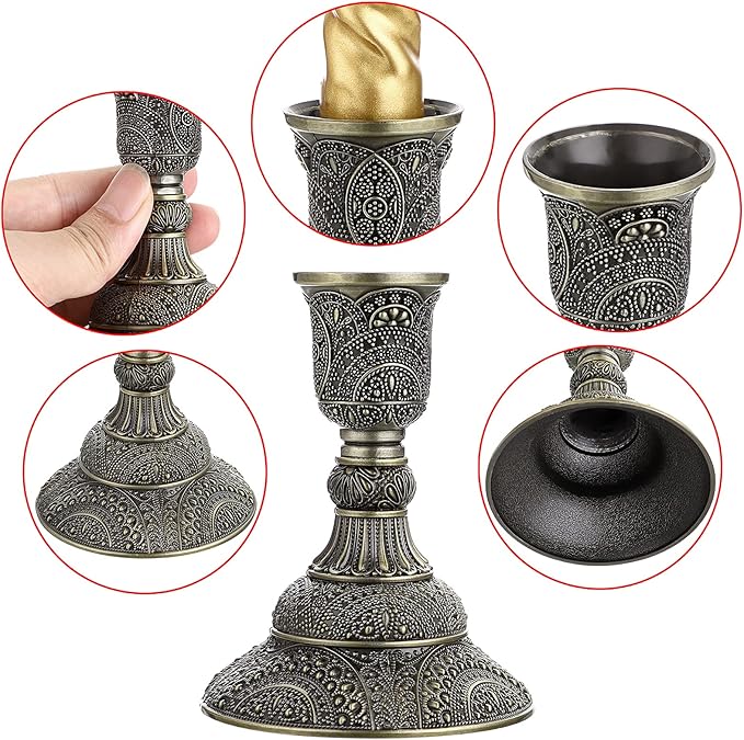 OwnMy Set of 2 Taper Candle Holders Vintage Metal Pillar Candlestick Holders 4”H, Elegant Brass Candle Stick Holders Decorative Candelabra Set for Dining Table Centerpieces Wedding, Antique Bronze