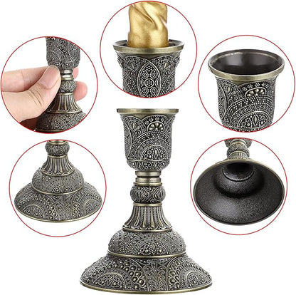 OwnMy Set of 2 Taper Candle Holders Vintage Metal Pillar Candlestick Holders 4”H, Elegant Brass Candle Stick Holders Decorative Candelabra Set for Dining Table Centerpieces Wedding, Antique Bronze