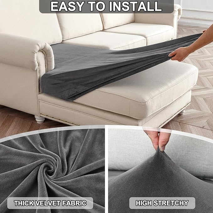 NAISI Waterproof Couch Cushion Covers Thick Velvet Fabric Washable Sofa Slipcovers 1 Piece Individual Sectional Couch Covers with Elastic Bottom(1 PC for Chaise Lounge,Grey)