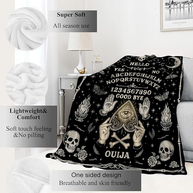 Ouija Board Blanket Halloween Holiday Decor Gothic Spirit Witch Throw Gifts for Kids Adults Lightweight Soft Fleece Sun Moon Skeleton Skull Witchy Blankets for Horror Spooky Decoration 50x60in