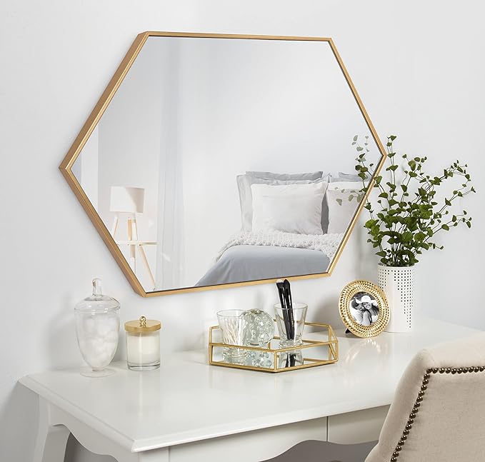 Kate and Laurel Rhodes Modern Hexagon Wall Mirror, 24" x 36", Gold, Chic Geometric Wall Mirror