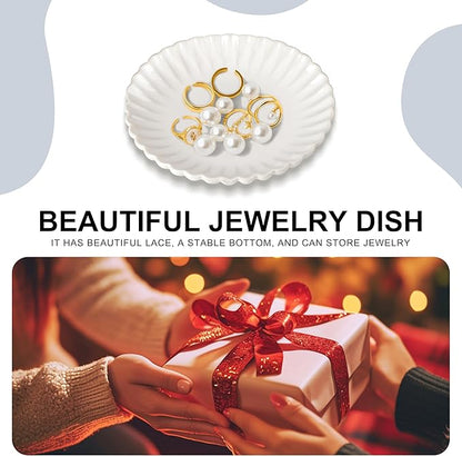 Ceramic Jewelry Dish, Decorative Tray for Rings Earrings Necklaces Bracelet Watch Keys, 4.50" Trinket Tray as Gifts for Women (White Wave)