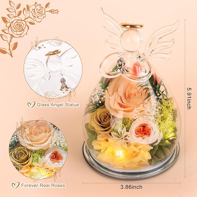 Gifts for Mom Birthday Gifts for Women Preserved Rose Forever Flower in Glass Angel Figurines Fresh Flowers for Delivery Mothers Day Anniversary Real Colorful Roses for Grandma Her Wife from Daughter