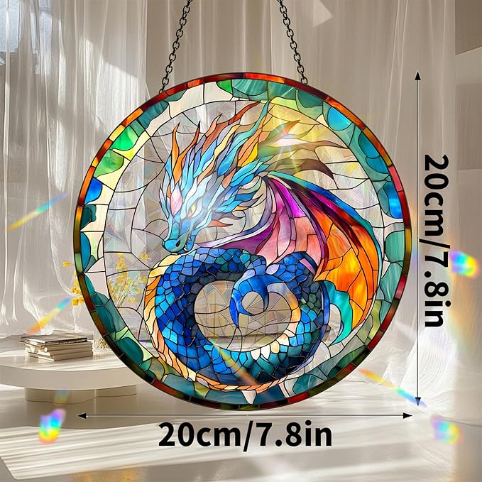 VAIIEYO Dragon Acrylic Sun Catcher Window Hanging Decoration, 7.8 Inch Double-Sided Light Reflecting Ornament for Window, Garden, Porch or Balcony Decor, Housewarming, Gift for Natural Lovers