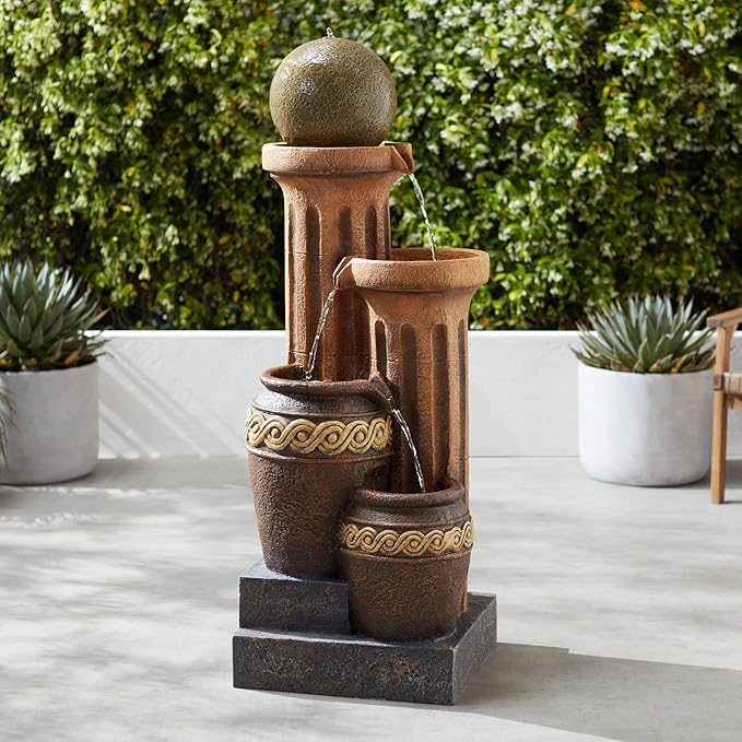 Sphere Jugs and Columns 50" High Large Rustic Indoor Outdoor Decor Faux Stone Floor Fountain with Light LED Standing Waterfall Water Feature for Outside Garden Patio Yard Backyard - John Timberland