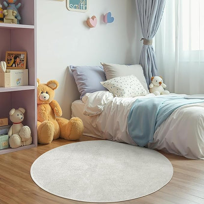 jinchan Solid Plush Round Rug 5ft Performance Shaggy Circle Rug 5' Round Washable Indoor Soft Modern Faux Wool Non Slip Carpet for Living Room Kids Room Bedroom Dining Room Ivory