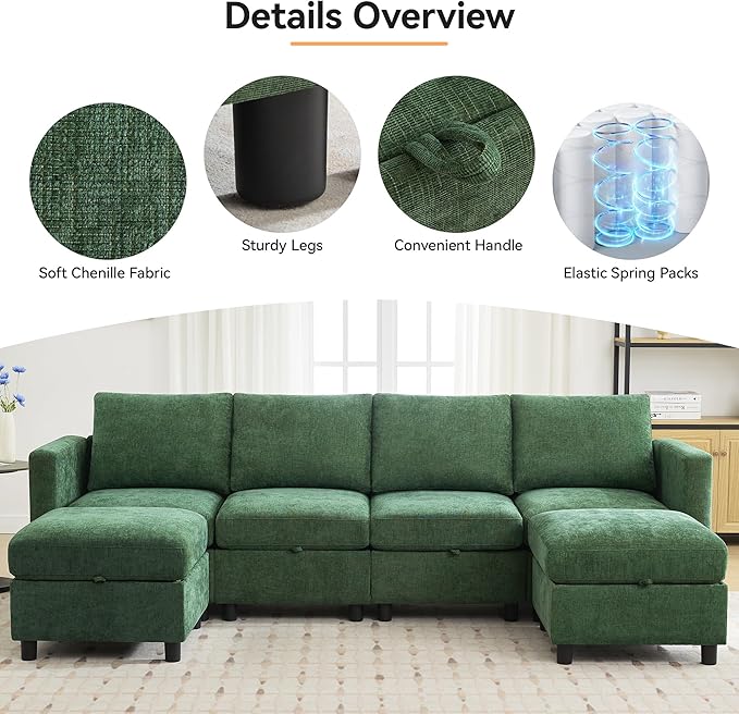 83' Modular Sectional Sofa Convertible L Shaped Couch Set for Living Room, 4 Seat Storage Modular Sofa with Movable Ottoman, Chenille Dark Green