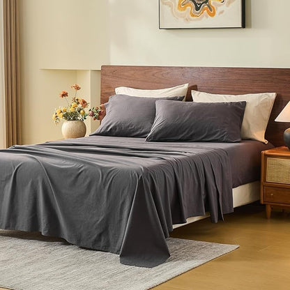 MEISHANG 100% French Pure Linen Sheets Queen Size - 6 PC Extra Deep Pocket Sheet Set, Soft Durable Flax Linen, Anti-Tear Breathable & Oeko-Tex Certified 18-24 Deep Pocket,All Season(Dark Grey)