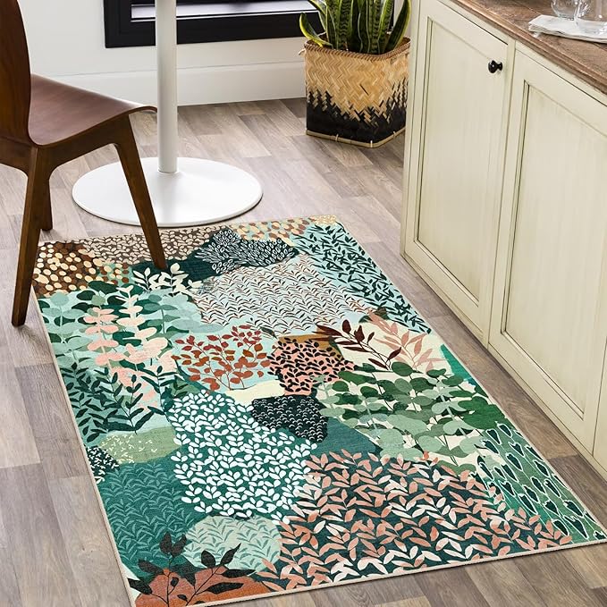 DEXDE 2x3 Area Rug, Small Boho Rugs Entryway Doormat Indoor Machine Washable Non-Slip Abstract Botanical Leaves Floral Print Floor Carpet for Living Room Bedroom Office Playroom, Dark Green