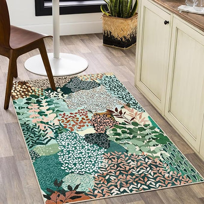 DEXDE 2x3 Area Rug, Small Boho Rugs Entryway Doormat Indoor Machine Washable Non-Slip Abstract Botanical Leaves Floral Print Floor Carpet for Living Room Bedroom Office Playroom, Dark Green