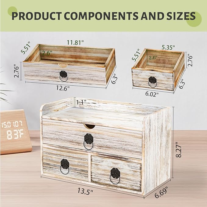 Wood Desk Organizer with Drawer, Vintage Brown Wooden Desktop Organizer, Tabletop Storage Organization Box for Countertop, Home Office Supplies (3 Drawer and Shelf)