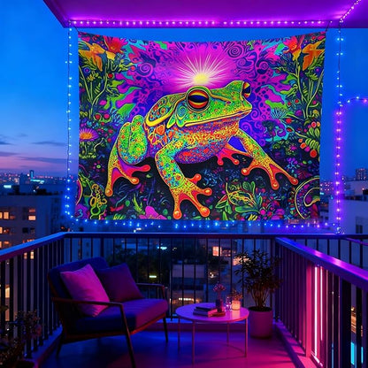 seewan Black Light Frog Tapestry, Glow-in-the-Dark UV Neon Psychedelic Toad with Sunlight Tapestry, Psychedelic Abstract Natural Animal Art Tapestry, Bedroom Dorm Living Room Background Decor