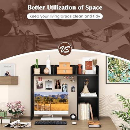 Desktop Bookshelf, 3-Tier Wood Countertop Bookcase with 5 Shelves, Desk Hutch for College Dorm, Multipurpose Desk Organizer Shelf Display Rack for Home Office, Hutch Top Only