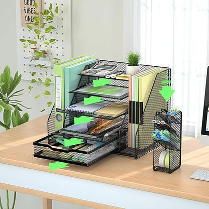 Desk Organizer, 5 Tier File Organizer for Desk with Sliding Drawer and Pen Holder, Mesh Desktop Organization with Magazine Holder for Office Supplies