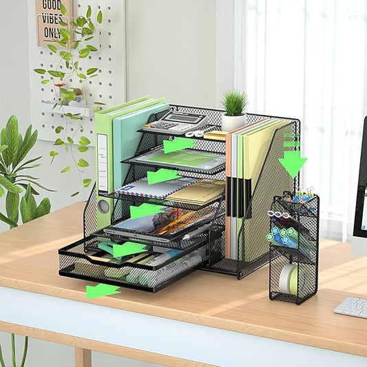 Desk Organizer, 5 Tier File Organizer for Desk with Sliding Drawer and Pen Holder, Mesh Desktop Organization with Magazine Holder for Office Supplies