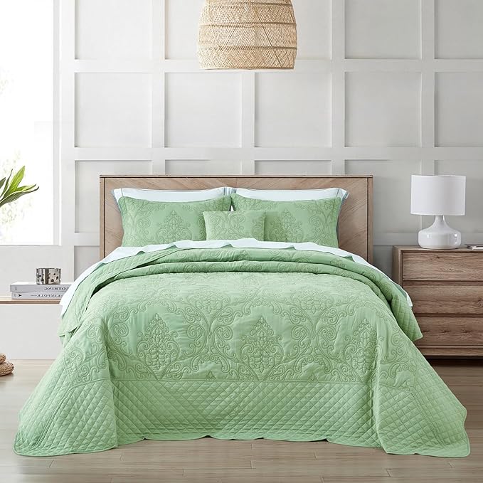 CHIXIN Oversized Bedspread Coverlet Set King Size - Lightweight Bedding Cover - Beautiful Stitching - 5 Piece Reversible Bedspread - Luxury Damask Paisley Pattern (King, Peak Green)