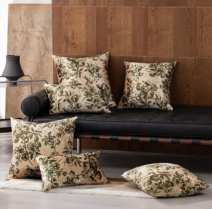 Velvet Floral Print Throw Pillow Covers Set of 2, Superior Soft Decorative Pillow Cases with Luxurious Silky Textured Vintage Cushion Covers for Home Decor Couch Sofa Bed(Champagne, 20x20)