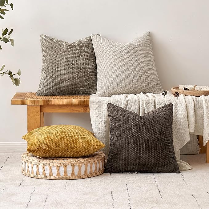MIULEE Pack of 2 Couch Throw Pillow Covers 22x22 Inch Neutral Gold Modern Boho Accent Decorative Pillow Covers Soft Chenille Farmhouse Cushion Covers for Home Decor Bed Sofa Living Room