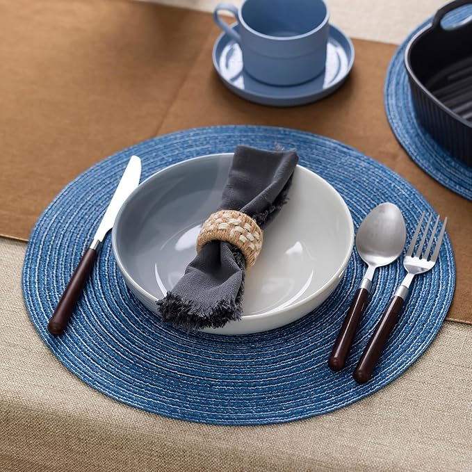 Round Placemats Set of 12 Woven Placemats Washable Braided Table Mats for Dining Table Heat Resistant Non-Slip Circle Place Mats(Mid Blue)
