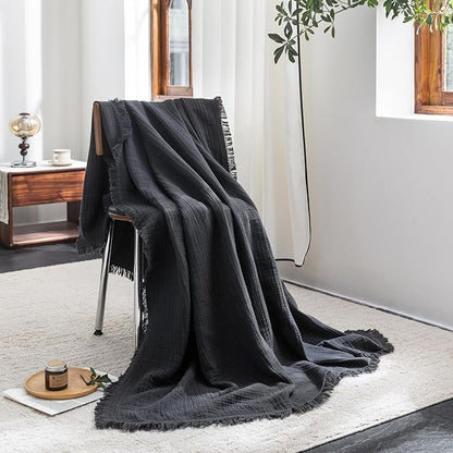 FOSSA Muslin Blanket with Fringe - 4-Layer 100% Cotton Gauze Super Soft & Breathable Throw -Lightweight Decorative Cooling Blanket for Bed, Sofa, Office - Super King Size 108" x 98" (Dark Gray)