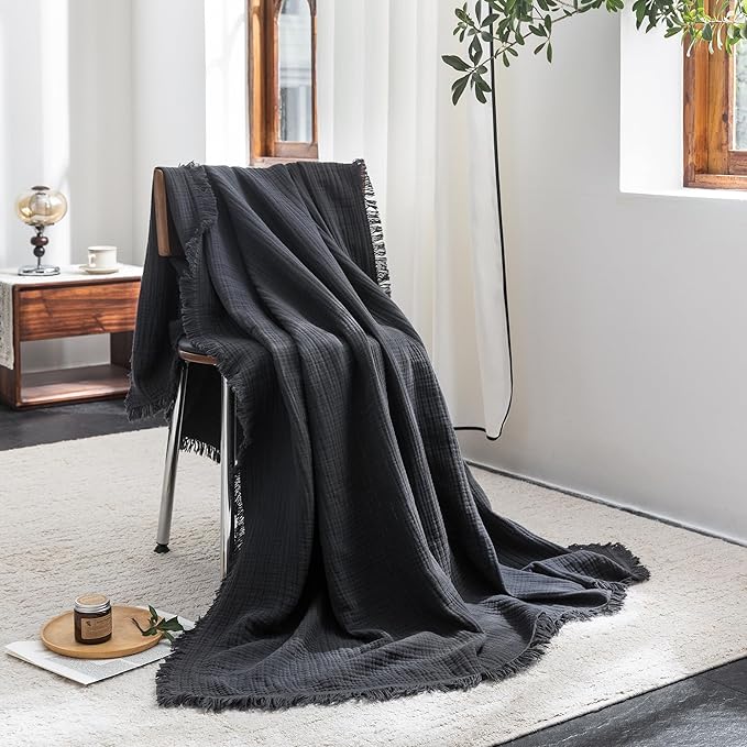 FOSSA Muslin Blanket with Fringe - 4-Layer 100% Cotton Gauze Super Soft & Breathable Throw -Lightweight Decorative Cooling Blanket for Bed, Sofa, Office (Dark Gray, King (104" × 90"))