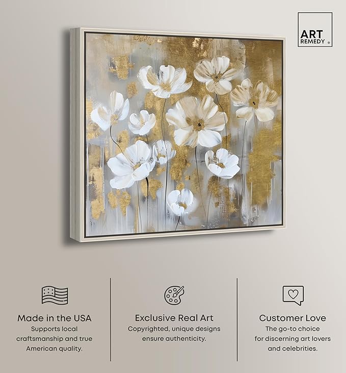 Art Remedy Golden Daisies Canvas Elegant White Gold Wall Art, Silver Frame, 16" x 16"