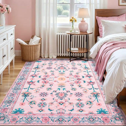 Tangsoo 3x5 Pink Small Area Rug for Bedroom Girls, Non Slip Washable Cute Floral Rug for Nursery Bedside, Soft Low Pile Front Door Carpet Indoor Entrance Inside House Bathroom Classroom Teen Room
