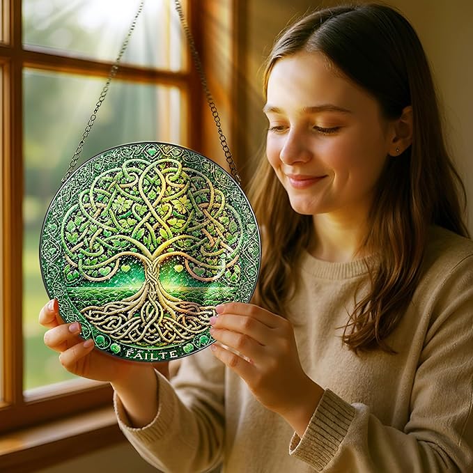 Stained Glass Window Hanging, Pauyadu Tree of Life Sun Catchers, Stained Glass Suncatcher, Tree of Life Decor Gifts for Women, Men, Wife, Lovers, Couple and Friend - 8 Inch
