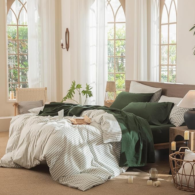 MooMee Bedding Sheet Set 100% Washed Cotton Linen Like Textured Breathable Durable Soft Comfy (Solid Forest Green, Queen)