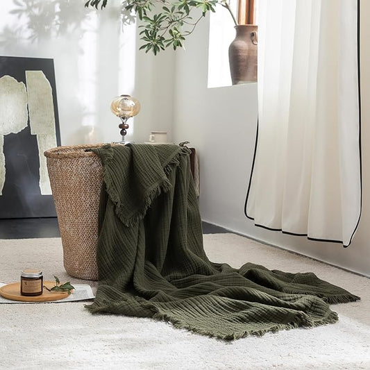 FOSSA Muslin Blanket with Fringe - 4-Layer 100% Cotton Gauze Super Soft & Breathable Throw -Lightweight Decorative Cooling Blanket for Bed, Sofa, Office -Throw XL Size 70" x 50" (Olive Green)