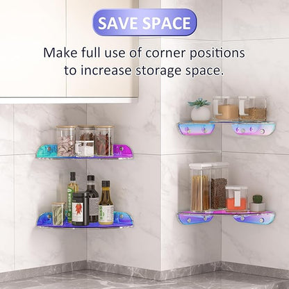 Sezanrpt 9.5x9.5 Inch Acrylic Corner Floating Shelf Set of 2, Iridescent Corner Wall Shelf for Home Décor, Speakers, Security Cameras, Toileries, Plants, Figures, Cosmetics, Books