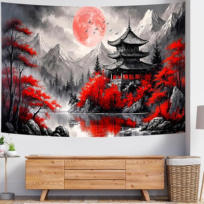 Delur Japanese Forest Tapestry Anime Red and Black Mountain Vintage Moon Nature Tapestry Wall Hanging Tree Sunset Landscape Cherry Blossom Headboard for Bedroom Living Room Home Decor (70.8" x 92.5")