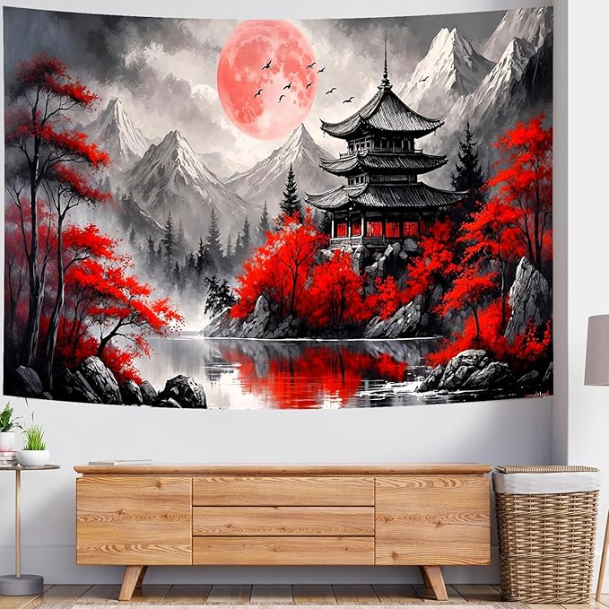 Delur Japanese Forest Tapestry Anime Red and Black Mountain Vintage Moon Nature Tapestry Wall Hanging Tree Sunset Landscape Cherry Blossom Headboard for Bedroom Living Room Home Decor (59.1" x 78.7")