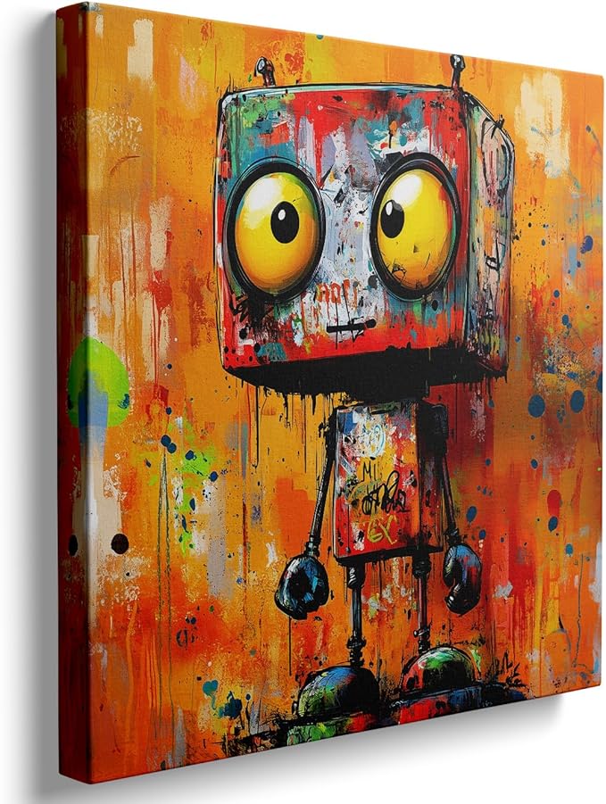 Vibrant Abstract Robot Wall Art Canvas Print Banksy Robot Posters Paintings for Boys Room Wall Decor Graffiti Street Wall Decoration Artwork Prints for Living Room Bedroom Home Office(14''x14'')