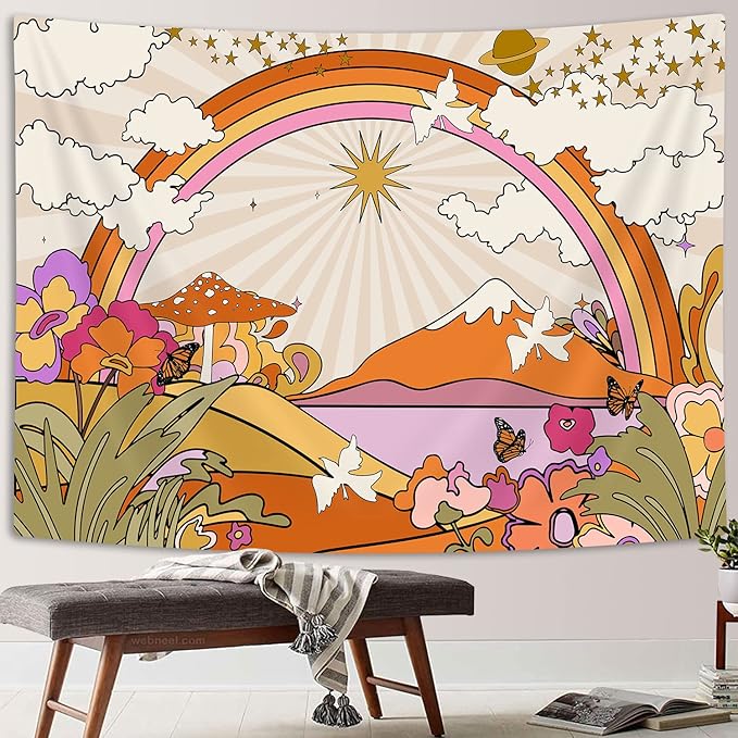TOMOZ Vintage 70s 60s Groovy Tapestry, Retro Flowers Clouds Sun and Rainbow Tapestry Wall Hanging, Orange Boho Hippie Psychedelic Tapestries for Bedroom Living Room Dorm Decor 40 x 28Inch