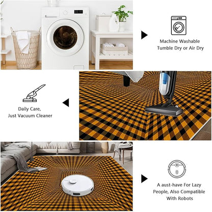 3D Rugs Optical Illusion - Plaid Rug 2x3, Geometric Stripes Soft Neutral Indoor Floor Mats Carpet, Non-Slip Stain Resistant Modern Orange Rug for Bedroom, Living Room Rugs
