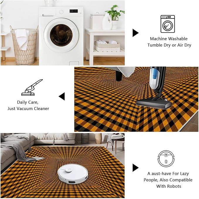 3D Rugs Optical Illusion - Plaid Rug 5x8, Geometric Stripes Soft Neutral Indoor Floor Mats Carpet, Non-Slip Stain Resistant Modern Orange Rug for Bedroom, Living Room Rugs