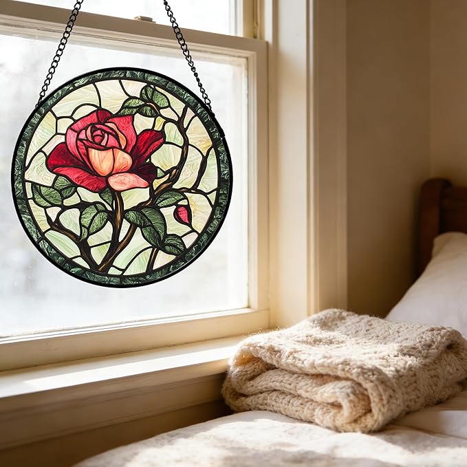 Stained Glass Window Hanging, Red Rose Flowers Sun Catcher for Door Garden Home Decor Suncatcher Christmas Mother's Day Birthday Gifts for Women Lovers Men Wife Girlfriend Mom Nana 7.8 in